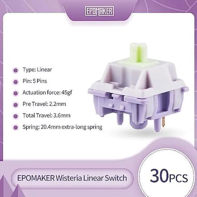 Alt view image 2 of 6 - EPOMAKER Wisteria 39gf Linear Mechanical Keyboard Switches Set, 5 Pin Factory Lubed 30 Pieces Switch, with POM PTFE Stem, 20.4mm Spring, Compatible with MX Keycaps for Gaming Keyboard DIY
