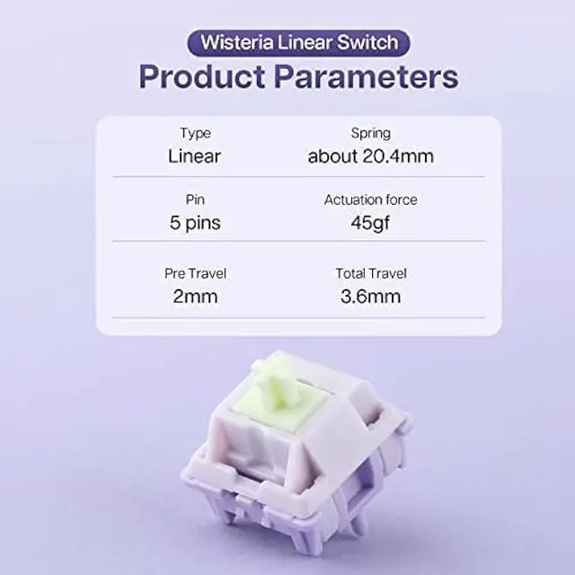 Alt view image 3 of 6 - EPOMAKER Wisteria 39gf Linear Mechanical Keyboard Switches Set, 5 Pin Factory Lubed 30 Pieces Switch, with POM PTFE Stem, 20.4mm Spring, Compatible with MX Keycaps for Gaming Keyboard DIY