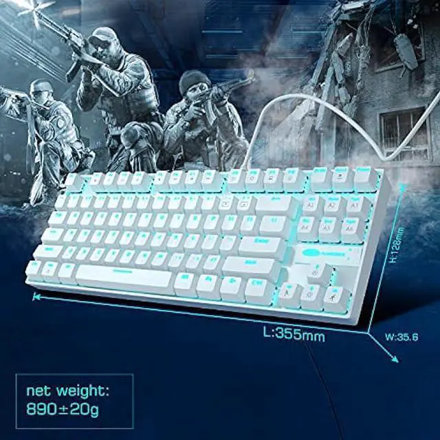 Alt view image 2 of 6 - MageGee Mechanical Gaming Keyboard with Blue Switch, Compact 87 Keys Wired Computer Keyboard for Windows Laptop PC Gamer, LED Ice Blue Backlit, White