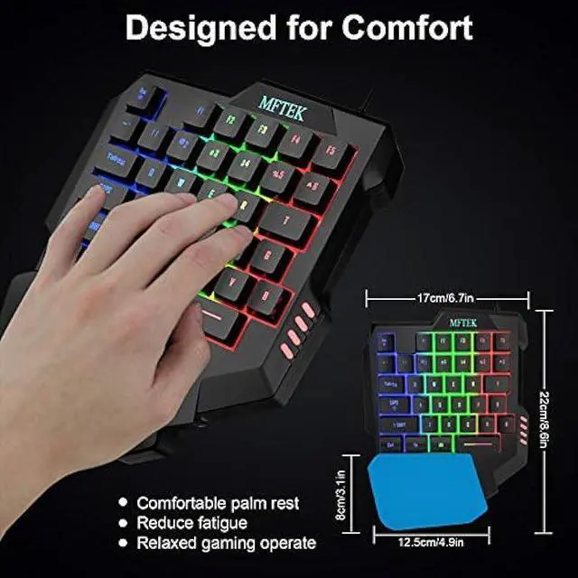 Alt view image 5 of 7 - MFTEK One Hand Gaming Keyboard and Mouse Combo, RGB Rainbow Backlit One-Handed Mechanical Feeling Keyboard with Wrist Rest Support, USB Wired Keyboard Mouse and Mouse Pad Set for PC PS4 Gamer