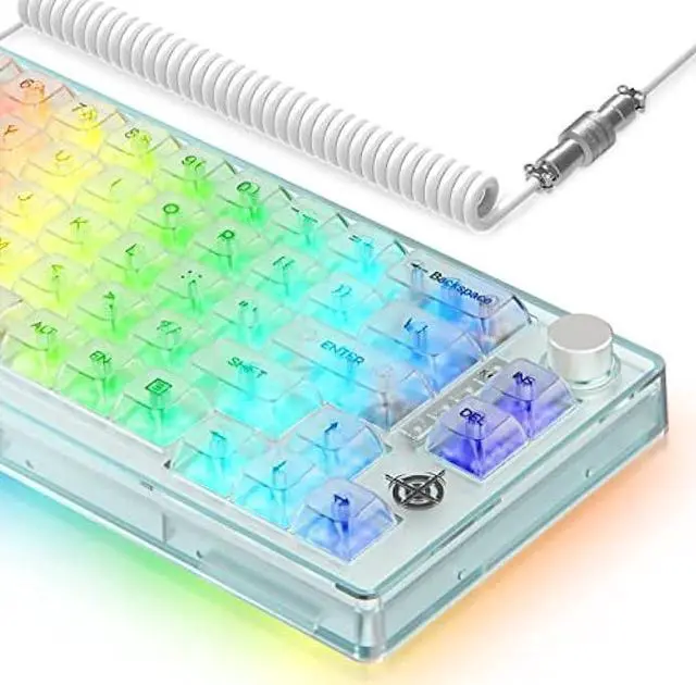 Main image of 65% Hot-Swap Wired Mechanical Gaming Keyboard Programmable with Transparent 66 Key Full Side RGB OWERTY Linear Ice White Switch Custom Coiled C to A Cable Media Knob 2-IN-1 Case for WIN/PC/MAC(White)