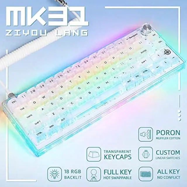 Alt view image 3 of 7 - 65% Hot-Swap Wired Mechanical Gaming Keyboard Programmable with Transparent 66 Key Full Side RGB OWERTY Linear Ice White Switch Custom Coiled C to A Cable Media Knob 2-IN-1 Case for WIN/PC/MAC(White)