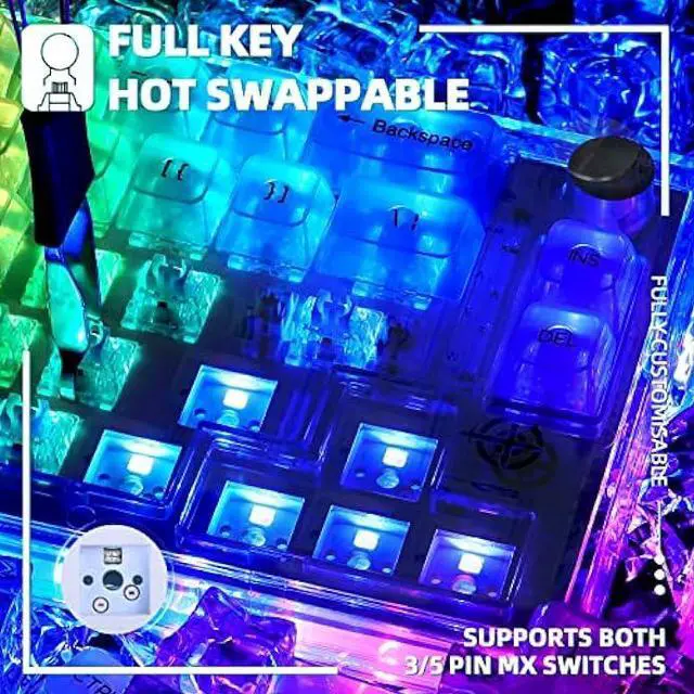 Alt view image 5 of 7 - 65% Hot-Swap Wired Mechanical Gaming Keyboard Programmable with Transparent 66 Key Full Side RGB OWERTY Linear Ice White Switch Custom Coiled C to A Cable Media Knob 2-IN-1 Case for WIN/PC/MAC(White)
