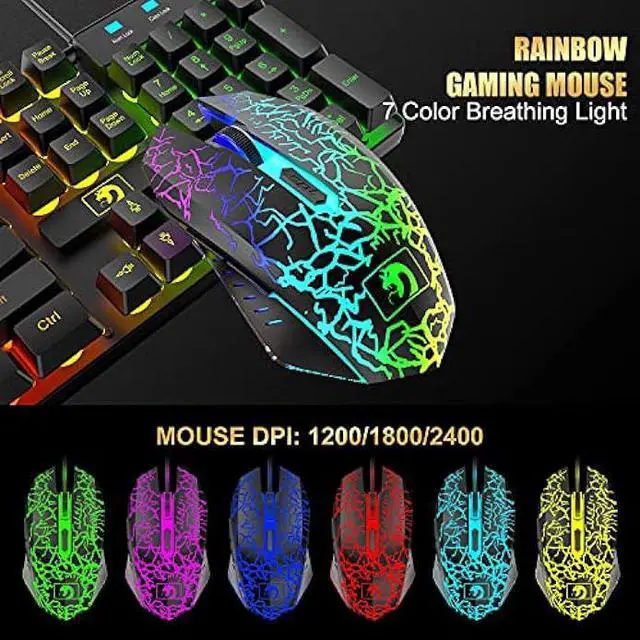Alt view image 7 of 7 - Wired Gaming Keyboard and Mouse Headset Combo,Rainbow LED Backlit Wired Keyboard,Over Ear Headphone with Mic,Rainbow Backlit Gaming Mice,Mouse Pad,for PC,Laptop,Mac,PS4,Xbox(Black)