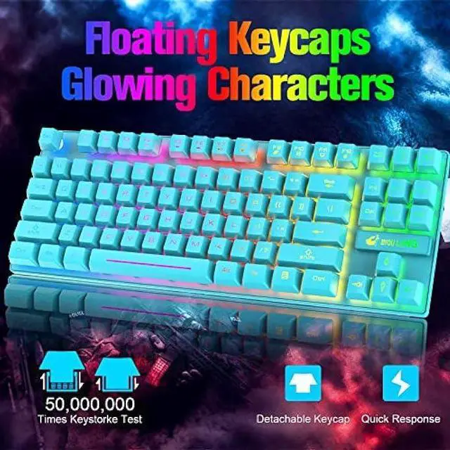 Alt view image 2 of 6 - Wireless Gaming Keyboard and Mouse Combo, Rainbow Backlit Rechargeable 3800mAh Battery, 87-Key Mechanical Feel Keyboard, RGB Gaming Quiet Mouse and Mouse Pad for PC Gamers (Blue)