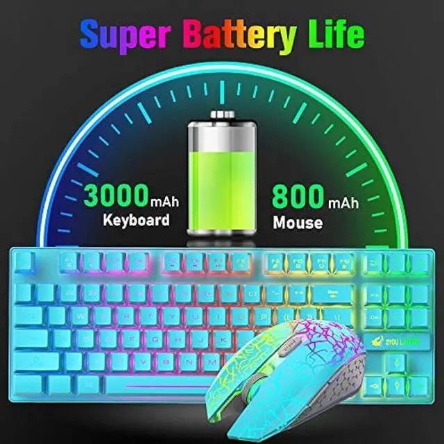 Alt view image 4 of 6 - Wireless Gaming Keyboard and Mouse Combo, Rainbow Backlit Rechargeable 3800mAh Battery, 87-Key Mechanical Feel Keyboard, RGB Gaming Quiet Mouse and Mouse Pad for PC Gamers (Blue)