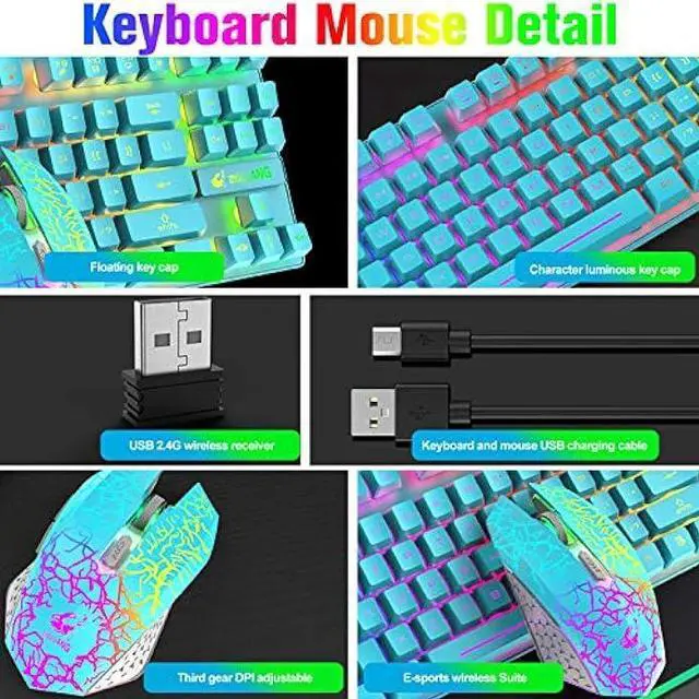Alt view image 3 of 6 - Wireless Gaming Keyboard and Mouse Combo, Rainbow Backlit Rechargeable 3800mAh Battery, 87-Key Mechanical Feel Keyboard, RGB Gaming Quiet Mouse and Mouse Pad for PC Gamers (Blue)