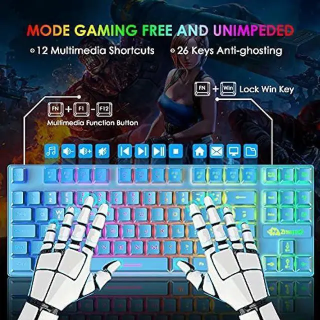 Alt view image 3 of 8 - Gaming Keyboard and Mouse Combo,88 Keys Compact Rainbow Backlit Mechanical Feel Keyboard,RGB Backlit 6400 DPI Lightweight Gaming Mouse with Honeycomb Shell for Windows PC Gamers (Blue)