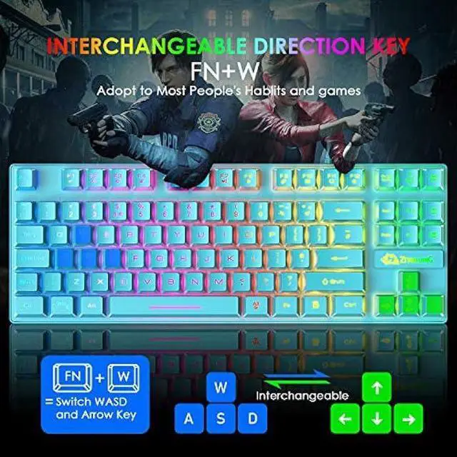 Alt view image 4 of 8 - Gaming Keyboard and Mouse Combo,88 Keys Compact Rainbow Backlit Mechanical Feel Keyboard,RGB Backlit 6400 DPI Lightweight Gaming Mouse with Honeycomb Shell for Windows PC Gamers (Blue)