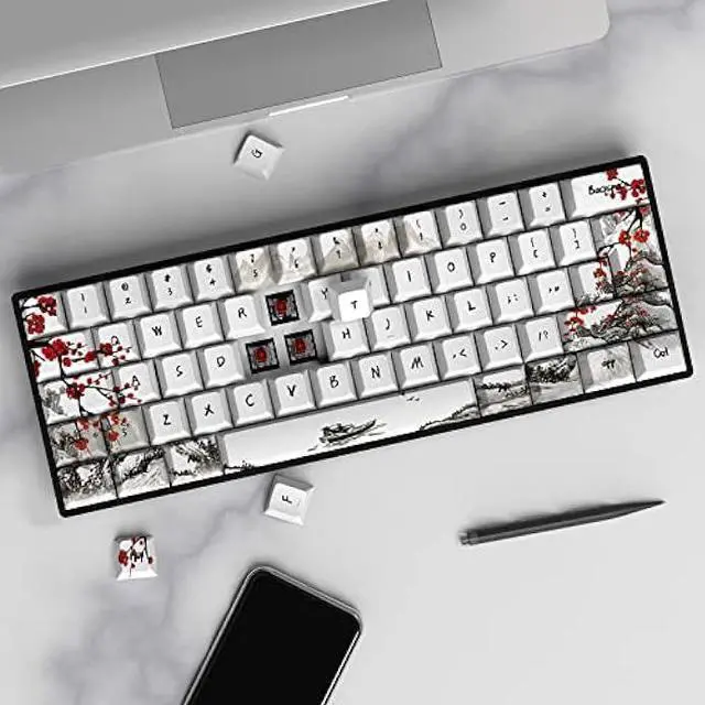 Alt view image 4 of 7 - JSJT Custom Keycaps-Keycaps 60 Percent,Plum Blossom Keycaps PBT Dye-Sublimation Cherry Profile Keycaps 80 Keys for 61/64/67/68 ANSI/ISO Layout Cherry MX Swtich Gaming Mechanical Keyboards
