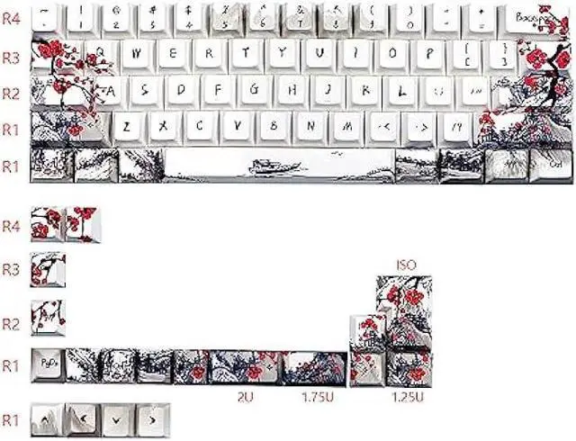 Alt view image 6 of 7 - JSJT Custom Keycaps-Keycaps 60 Percent,Plum Blossom Keycaps PBT Dye-Sublimation Cherry Profile Keycaps 80 Keys for 61/64/67/68 ANSI/ISO Layout Cherry MX Swtich Gaming Mechanical Keyboards