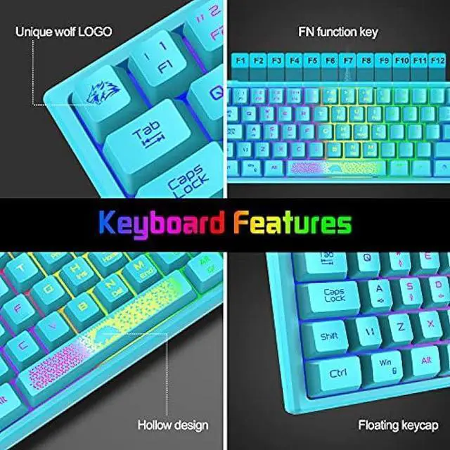 Alt view image 6 of 7 - 60% Gaming Keyboard and Mouse Combo Rainbow LED Backlit Keyboard with 61 Keys Membrane Mini Portable Ergonomic Design Ultralight Gaming Mouse 6400 DPI,Gaming Mouse Pad for Windows PC Gamers(Blue)