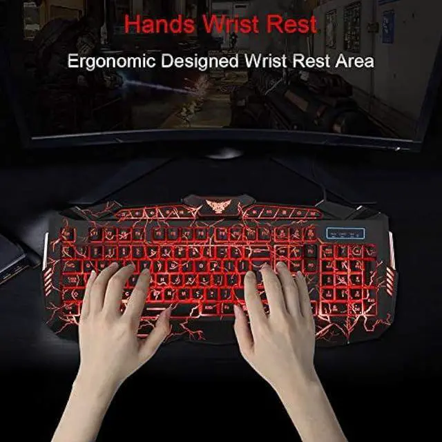 Alt view image 3 of 7 - BlueFinger Gaming Keyboard Mouse Headset Combo,USB Wired Crack Backlit Keyboard,114 Keys Letters Glow LED Keyboard,Red LED Light Headset for Laptop PC Computer Work and Game