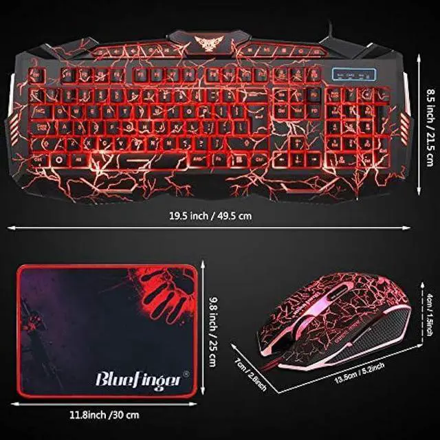 Alt view image 7 of 7 - BlueFinger Gaming Keyboard Mouse Headset Combo,USB Wired Crack Backlit Keyboard,114 Keys Letters Glow LED Keyboard,Red LED Light Headset for Laptop PC Computer Work and Game