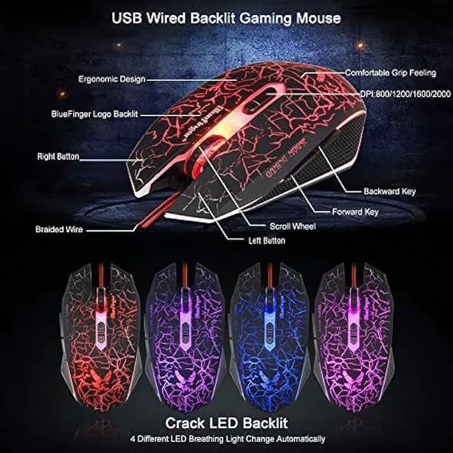 Alt view image 6 of 7 - BlueFinger Gaming Keyboard Mouse Headset Combo,USB Wired Crack Backlit Keyboard,114 Keys Letters Glow LED Keyboard,Red LED Light Headset for Laptop PC Computer Work and Game