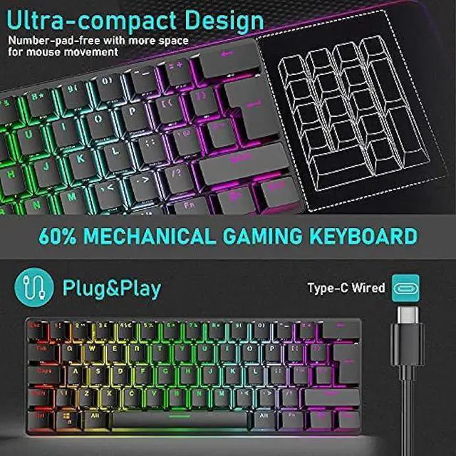 Alt view image 4 of 6 - Wired Gaming Keyboard Mouse Combo Chroma RGB Backlit Mechanical Keyboard with 61 Keys Anti-ghosting Floating Keycaps Metal Plate Type-C RGB Gaming Mouse 6400 DPI for PC Gamers (Black/Blue Switch)