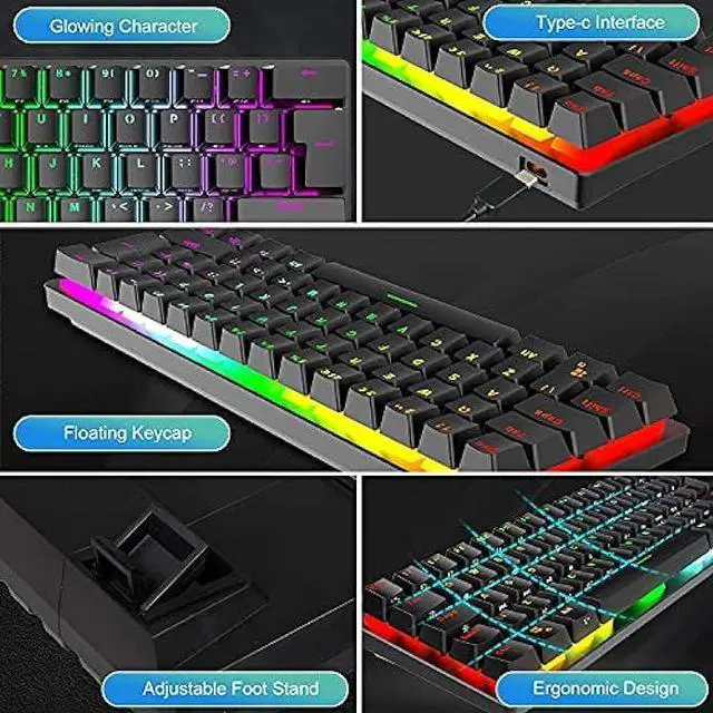 Alt view image 5 of 6 - Wired Gaming Keyboard Mouse Combo Chroma RGB Backlit Mechanical Keyboard with 61 Keys Anti-ghosting Floating Keycaps Metal Plate Type-C RGB Gaming Mouse 6400 DPI for PC Gamers (Black/Blue Switch)