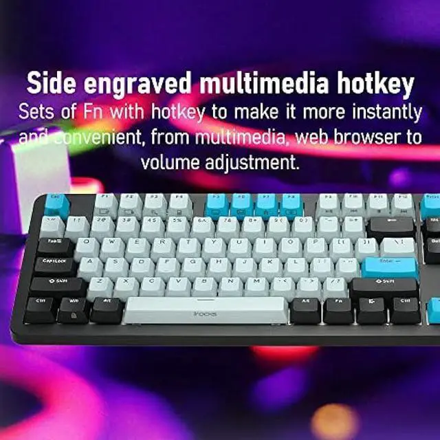 Alt view image 6 of 6 - i-rocks K73M Mechanical Gaming Keyboard with Media Control Knob, 107 Keys, PBT Keycaps, Multimedia Hotkeys, Detachable USB-C Cable (Cherry MX Brown Switches, Cyberpunk Blue)