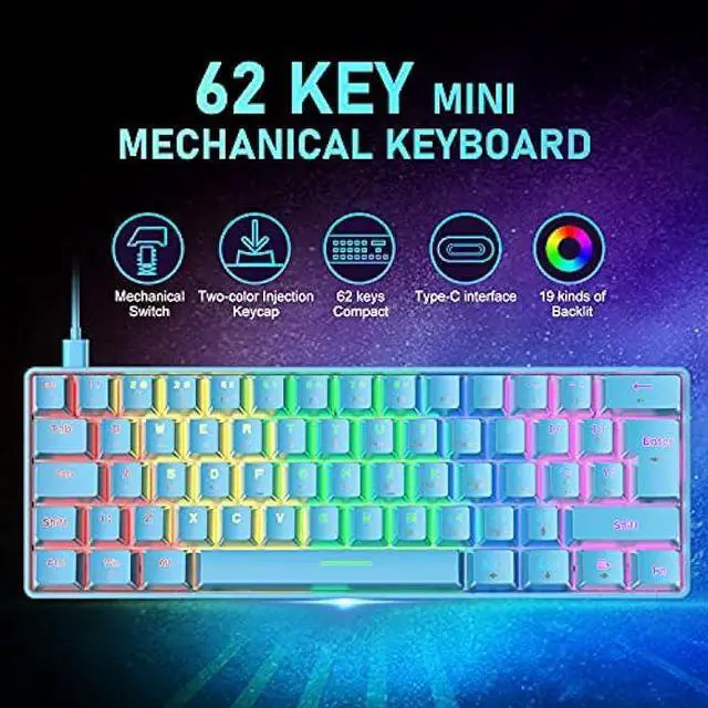 Alt view image 2 of 8 - 60% Compact Wired Mechanical Gaming Keyboard, Blue Switches, Rainbow LED Backlight, Tenkeyless, Programmable Macros, RGB Mouse 6400 DPI RGB Wired Gaming Bundle for PC Gamer Office Typist (Blue)