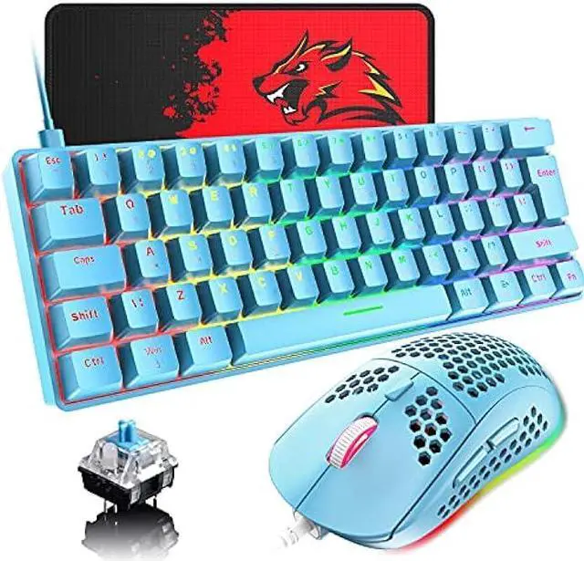 Main image of 60% Compact Wired Mechanical Gaming Keyboard, Blue Switches, Rainbow LED Backlight, Tenkeyless, Programmable Macros, RGB Mouse 6400 DPI RGB Wired Gaming Bundle for PC Gamer Office Typist (Blue)