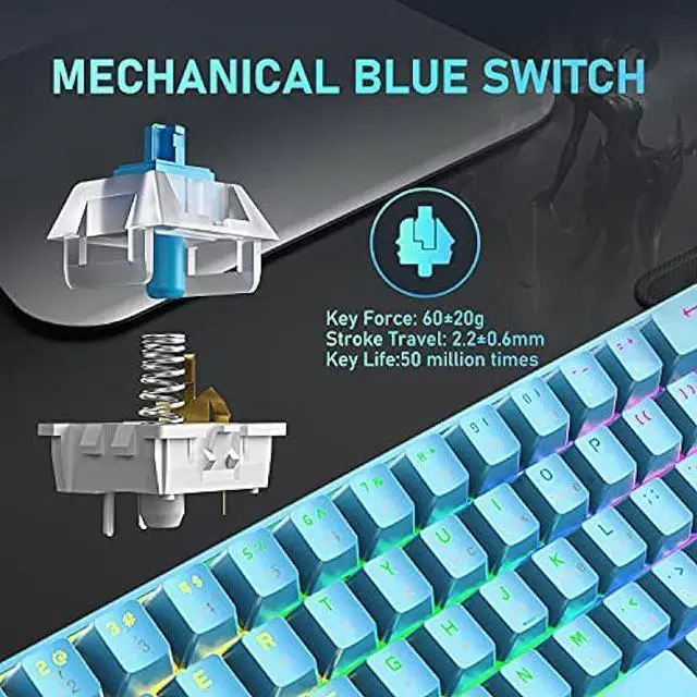 Alt view image 3 of 8 - 60% Compact Wired Mechanical Gaming Keyboard, Blue Switches, Rainbow LED Backlight, Tenkeyless, Programmable Macros, RGB Mouse 6400 DPI RGB Wired Gaming Bundle for PC Gamer Office Typist (Blue)