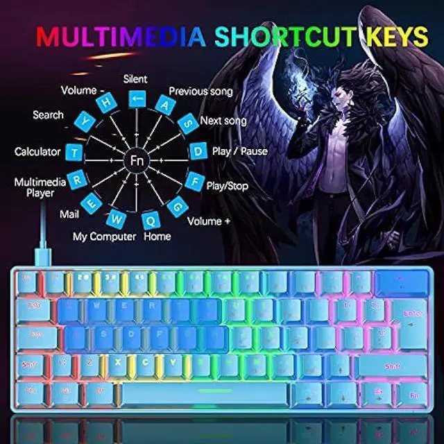 Alt view image 4 of 8 - 60% Compact Wired Mechanical Gaming Keyboard, Blue Switches, Rainbow LED Backlight, Tenkeyless, Programmable Macros, RGB Mouse 6400 DPI RGB Wired Gaming Bundle for PC Gamer Office Typist (Blue)