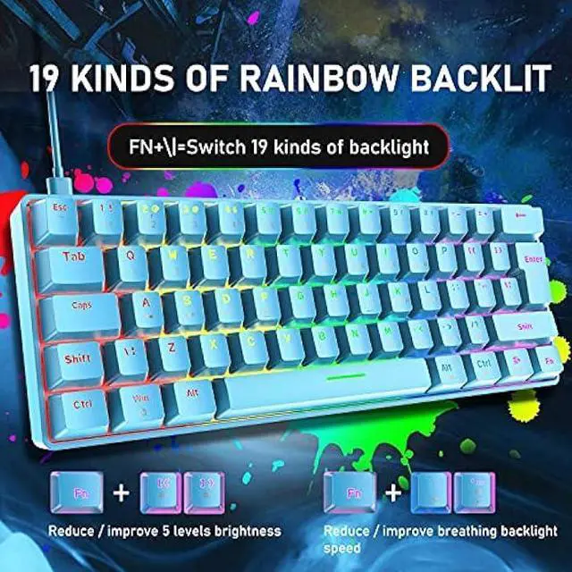 Alt view image 5 of 8 - 60% Compact Wired Mechanical Gaming Keyboard, Blue Switches, Rainbow LED Backlight, Tenkeyless, Programmable Macros, RGB Mouse 6400 DPI RGB Wired Gaming Bundle for PC Gamer Office Typist (Blue)