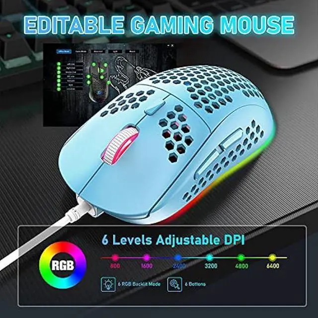 Alt view image 6 of 8 - 60% Compact Wired Mechanical Gaming Keyboard, Blue Switches, Rainbow LED Backlight, Tenkeyless, Programmable Macros, RGB Mouse 6400 DPI RGB Wired Gaming Bundle for PC Gamer Office Typist (Blue)