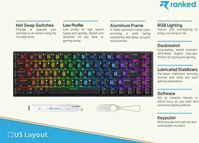 Alt view image 2 of 7 - Ranked G65 Guardian 65% | Full Aluminum Frame | Ultra Slim Hot Swappable Mechanical Gaming Keyboard | 68 Keys Multi Color RGB LED Backlit for PC/Mac Gamer (Black, Gateron Low Profile Blue)