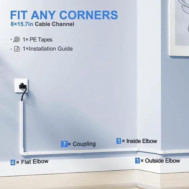 Alt view image 4 of 7 - 125in Cord Hider/Cover Wall - Yecaye One-Cord Channel Cable Concealer - Easy Install Cable Management System for Max 2 Small Wires, Cable Raceway Home Office, 8X L15.7in W0.59in H0.4in, White