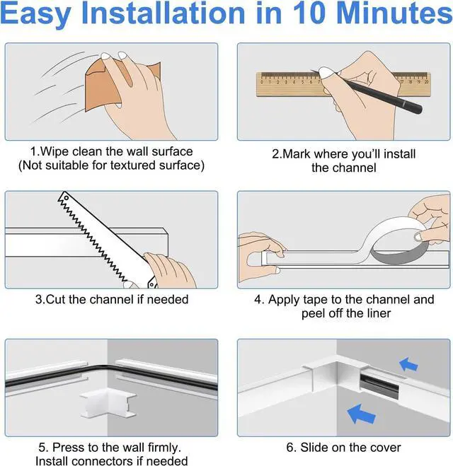 Alt view image 6 of 7 - 125in Cord Hider/Cover Wall - Yecaye One-Cord Channel Cable Concealer - Easy Install Cable Management System for Max 2 Small Wires, Cable Raceway Home Office, 8X L15.7in W0.59in H0.4in, White