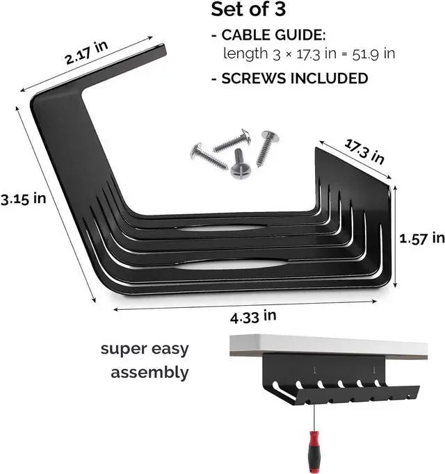 Alt view image 3 of 7 - PAMO Cable Management Under Desk for Easy mounting Under-Table I Set of 3 - with 10X Cable Ties I Desk Organizer for Office/Home Office Table Thoughtful Cable Tray Holder, Black