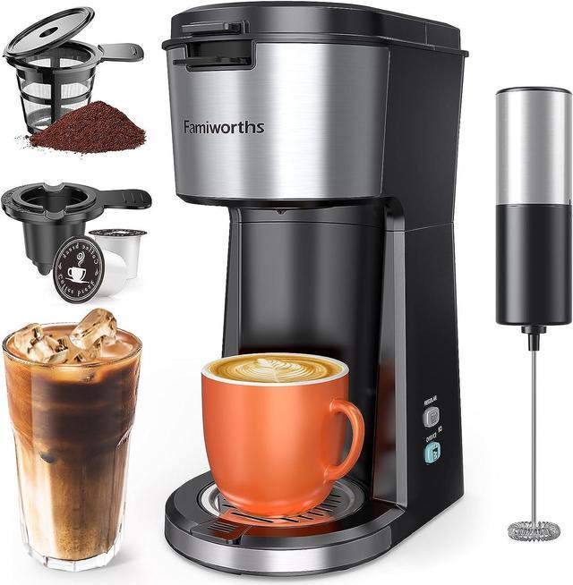 Famiworths Iced Coffee Maker with Milk Frother, Hot and Cold Single Serve  Coffee Maker for K Cup Pod and Ground, Compact Coffee Machine 2 in 1 with