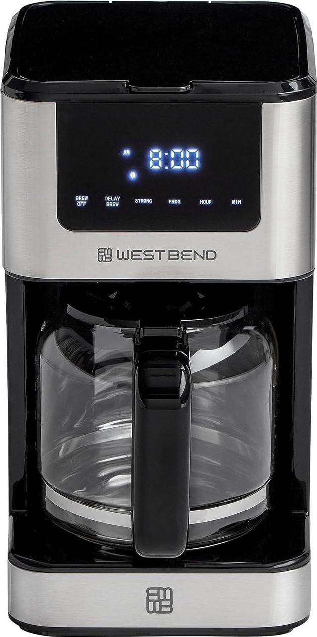 West Bend Drip Coffee Maker Brews Hot or Iced, Programmable with Brew  Strength Selector Auto Shut-Off and 6 Functions Permanent Mesh Filter and Glass  Carafe, 12-Cup, Metallic,Silver 