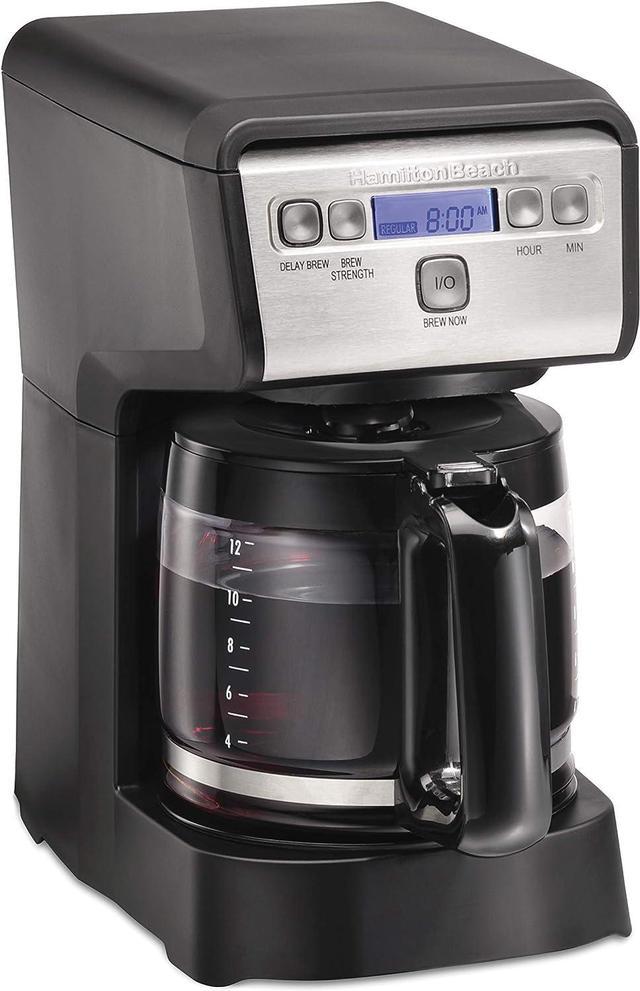 Hamiton Beach 12 Cup Compact Programmable Drip Coffee Maker with No-Drip  Burosilicate Glass Carafe, 2-Hour Auto Shutoff, Space-Saving Design, Black  with Stainless Steel Accents (46200) 