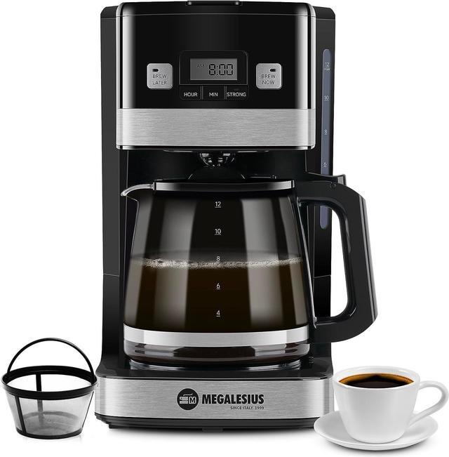Megalesius Programmable Coffee Maker, 12 Cup Coffee Maker With Auto Shut Off,  Drip Coffee Maker With 4-Hour Keep Warm, Glass Carafe, Reusable Filter,  Anti-Drip System, Strong Brew, Black 
