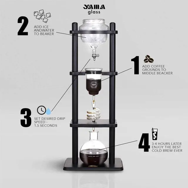 Alt view image 7 of 7 - Yama Cold Brew Maker I Ice Coffee Machine With Slow Drip Technology I Makes 6-8 cups (32oz), Large Capacity Cold Brew Coffee Tower, Black Wood Straight Frame