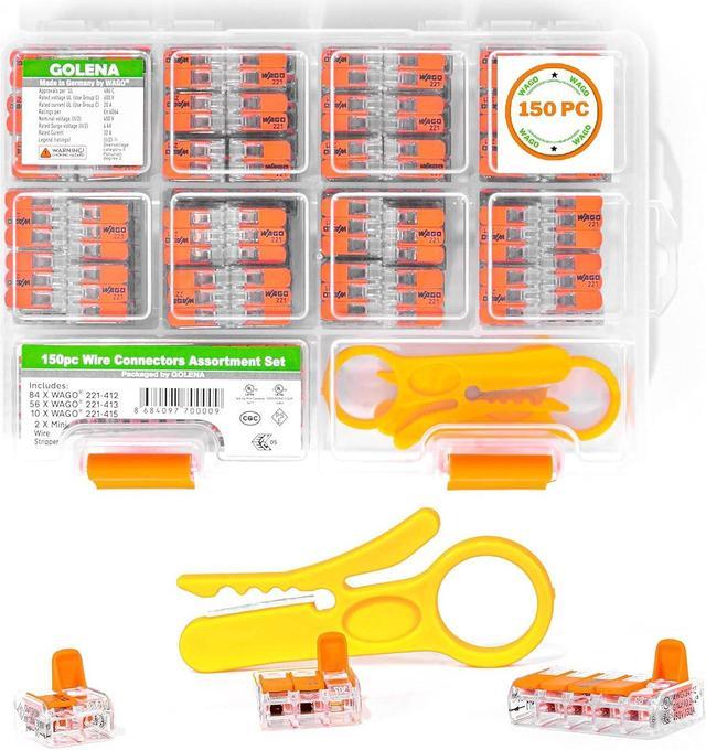 Wago 221 Wire Connectors 150 Pc Assortment Set Lever-Nuts with Case,  Splicing Electrical Connector, Includes (84 pc) 221-412, (56 pc) 221-413,  (10 pc) 221-415 Wire Nuts with 2 Basic Mini Wire Stripper 