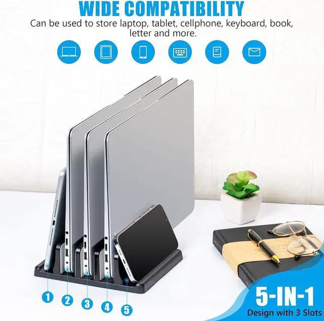 Alt view image 3 of 7 - Vertical Laptop Stand 3 Slot Adjustable Laptop Storage Rack and Desk Organizer Silicone-Padded Holder for Multiple Devices Storage Compatible Stand for Tablets and Devices up to 17 Inches