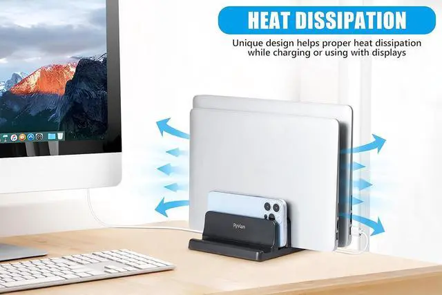 Alt view image 7 of 7 - Vertical Laptop Stand 3 Slot Adjustable Laptop Storage Rack and Desk Organizer Silicone-Padded Holder for Multiple Devices Storage Compatible Stand for Tablets and Devices up to 17 Inches