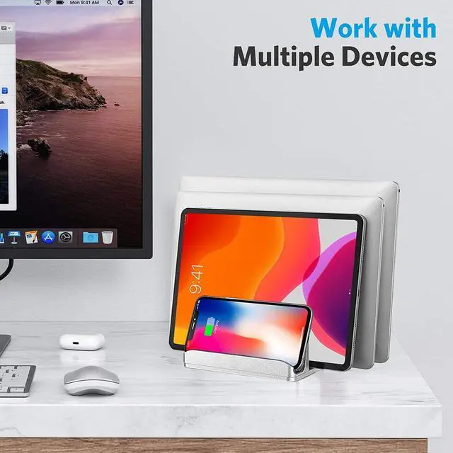 Alt view image 7 of 7 - Vertical Laptop Stand [Updated Version],3-Slot Desktop Stand Holder with Adjustable Dock,4 in 1 Design Aluminum Space-Saving Laptop Stand for Desk MacBook/Surface/Samsung/HP/Dell/Chrome Book (Silver)