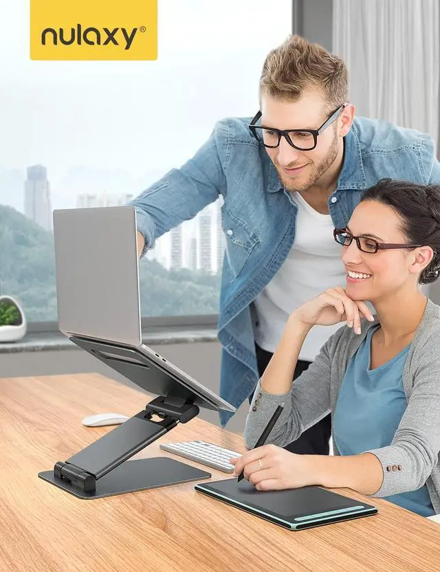 Alt view image 7 of 7 - Height Adjustable Laptop Stand for Desk Dual Foldable Aluminum Computer Riser Pull Out Design Ergonomic Sit to Notebook Holder Convertor Compatible with All 10-17 Laptops Tablets Gray