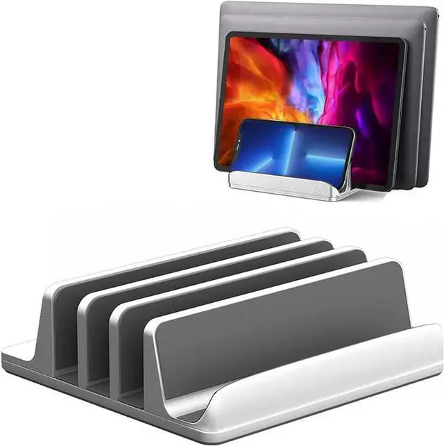 Main image of Vertical Laptop Stand [Updated Version], 3 Slot Desktop Stand Holder with Adjustable Dock, 4 in 1 Design Space-Saving Laptop Stand for Desk MacBook/Surface/Samsung/HP/Dell/Chrome Book (Silver)