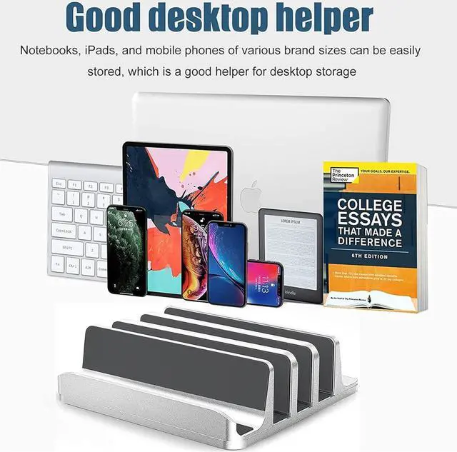 Alt view image 2 of 7 - Vertical Laptop Stand [Updated Version], 3 Slot Desktop Stand Holder with Adjustable Dock, 4 in 1 Design Space-Saving Laptop Stand for Desk MacBook/Surface/Samsung/HP/Dell/Chrome Book (Silver)