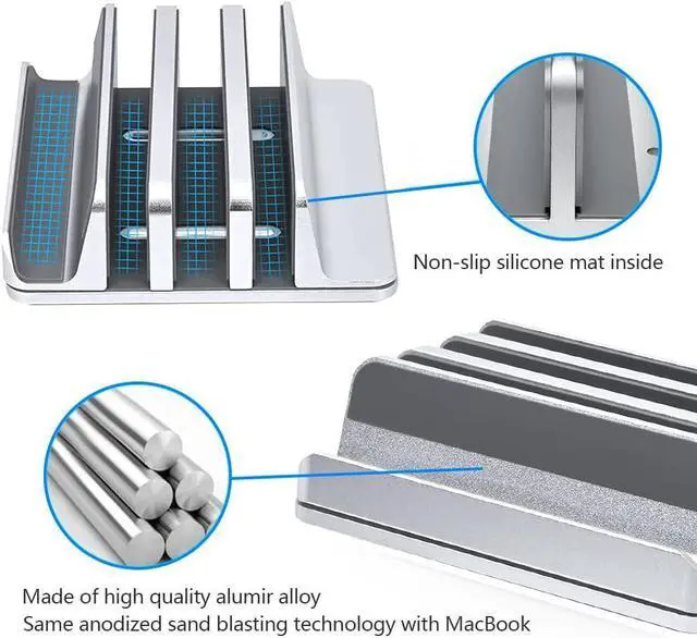 Alt view image 6 of 7 - Vertical Laptop Stand [Updated Version], 3 Slot Desktop Stand Holder with Adjustable Dock, 4 in 1 Design Space-Saving Laptop Stand for Desk MacBook/Surface/Samsung/HP/Dell/Chrome Book (Silver)