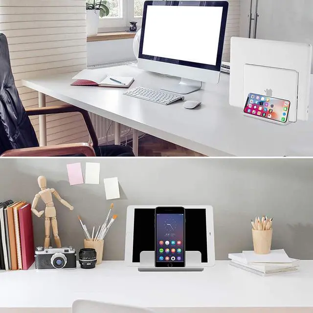 Alt view image 7 of 7 - Vertical Laptop Stand [Updated Version], 3 Slot Desktop Stand Holder with Adjustable Dock, 4 in 1 Design Space-Saving Laptop Stand for Desk MacBook/Surface/Samsung/HP/Dell/Chrome Book (Silver)
