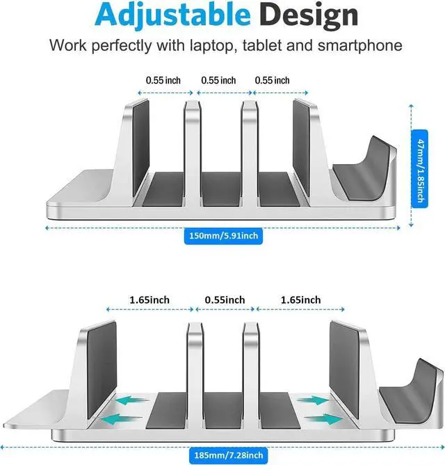 Alt view image 3 of 7 - Vertical Laptop Stand [Updated Version],3-Slot Desktop Stand Holder with Adjustable Dock,4 in 1 Design Aluminum Space-Saving Laptop Stand for Desk MacBook/Surface/Samsung/HP/Dell/Chrome Book (Silver)