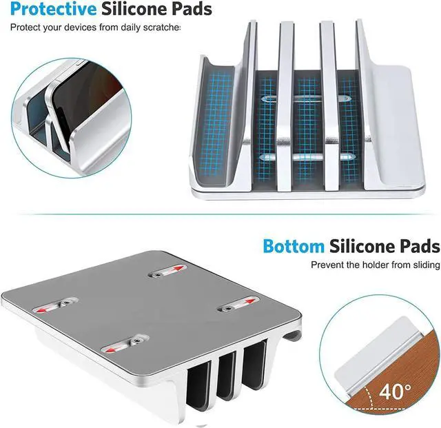 Alt view image 5 of 7 - Vertical Laptop Stand [Updated Version],3-Slot Desktop Stand Holder with Adjustable Dock,4 in 1 Design Aluminum Space-Saving Laptop Stand for Desk MacBook/Surface/Samsung/HP/Dell/Chrome Book (Silver)
