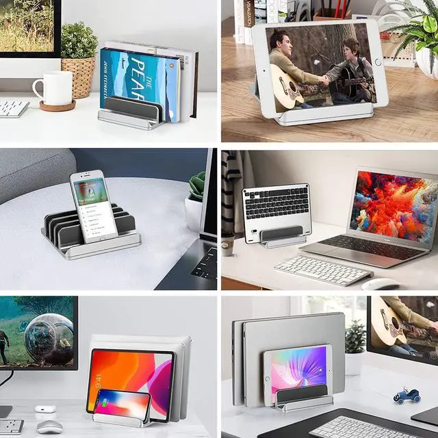 Alt view image 6 of 7 - Vertical Laptop Stand [Updated Version],3-Slot Desktop Stand Holder with Adjustable Dock,4 in 1 Design Aluminum Space-Saving Laptop Stand for Desk MacBook/Surface/Samsung/HP/Dell/Chrome Book (Silver)