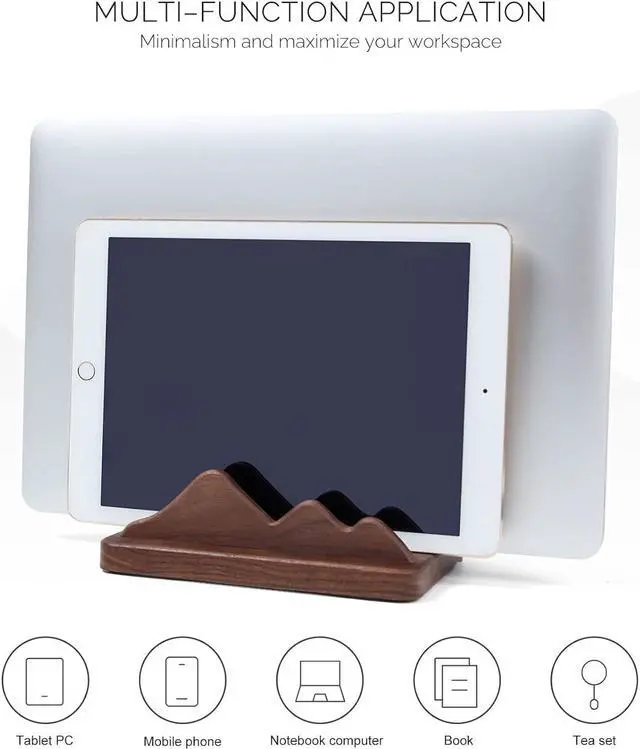 Alt view image 2 of 6 - Dual Vertical Laptop Holder for Desk and Side Table, Space Saver, Adjustable Slot Vertical Laptop Holder - Minimal, Upright and Walnut Wood for MacBooks, iPads, Tablets, and Phones!